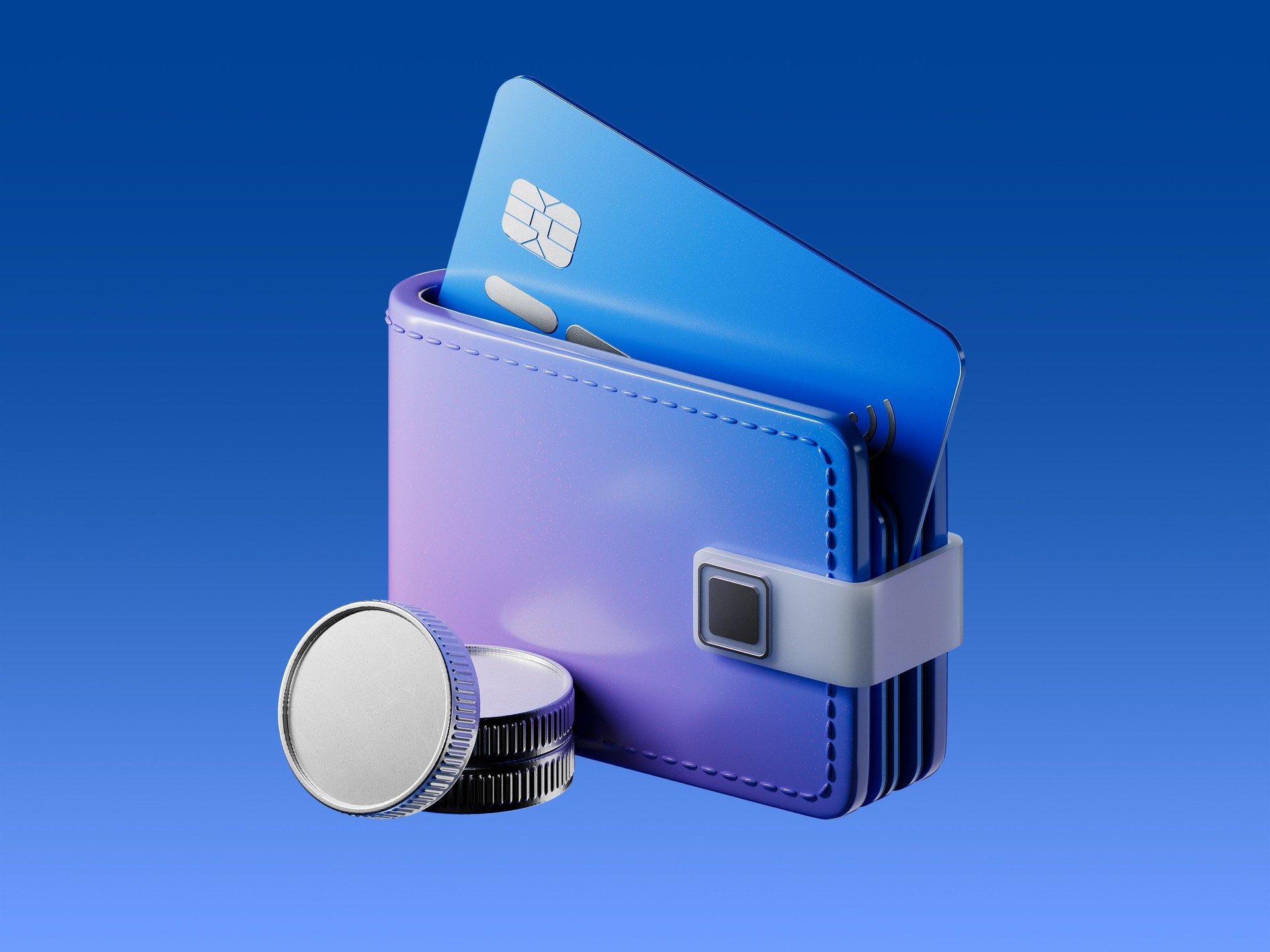 3D render of a digital wallet with a credit card and coins, representing online payments, personal finance, and e-wallet functionality.